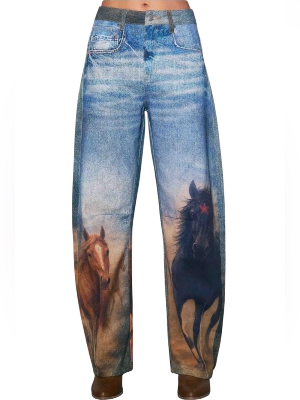 Blue Graphic Horse-Print Wide Leg Jeans